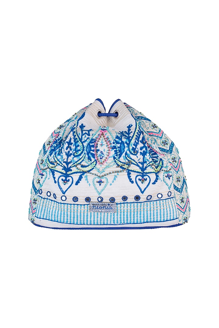Blue & White Handblock Printed Embroidered Geometric Drawstring Backpack by Neonia at Pernia's Pop Up Shop