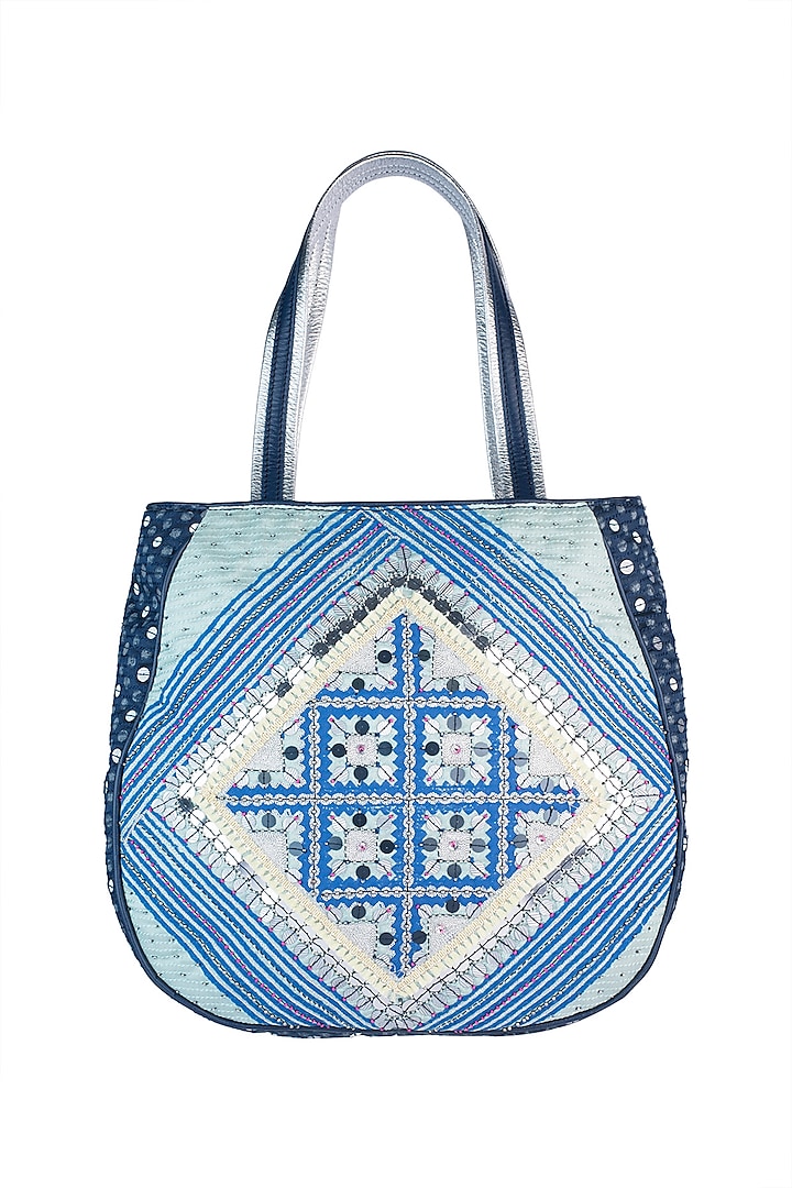 Mint & Navy Blue Handblock Printed Embroidered Tote Bag by Neonia
