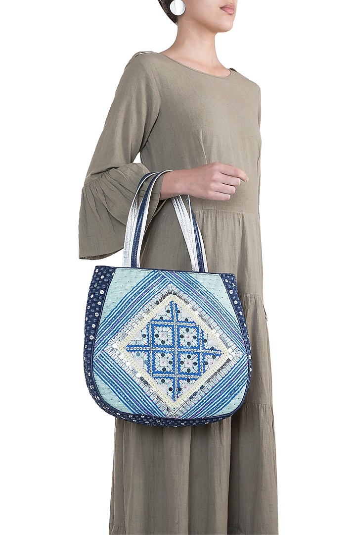Mint & Navy Blue Handblock Printed Embroidered Tote Bag by Neonia at Pernia's Pop Up Shop