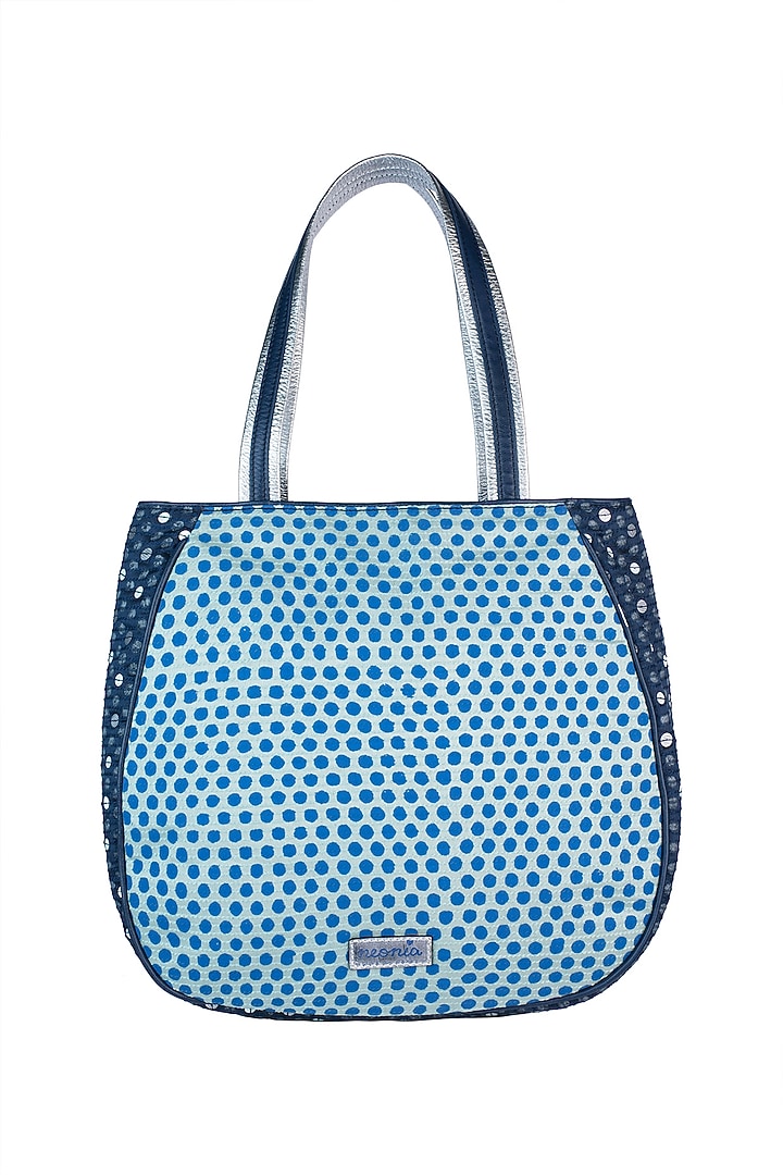 Mint & Navy Blue Handblock Printed Embroidered Tote Bag by Neonia at Pernia's Pop Up Shop