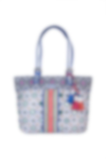 White & Blue Handblock Printed Embroidered Tote Bag by Neonia