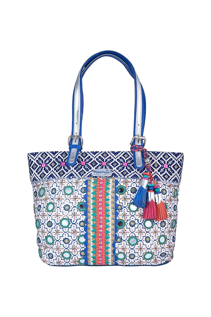 White & Blue Handblock Printed Embroidered Tote Bag by Neonia