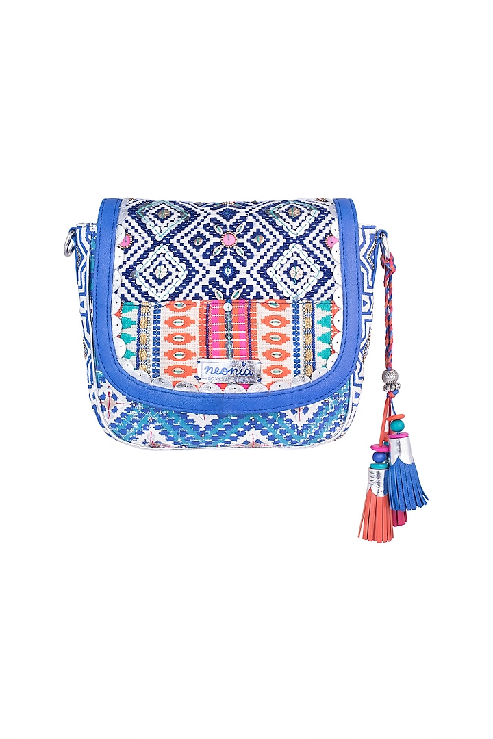 White & Blue Handblock Printed Embroidered Crossbody Sling Bag by Neonia