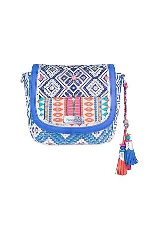 White & Blue Handblock Printed Embroidered Crossbody Sling Bag by Neonia