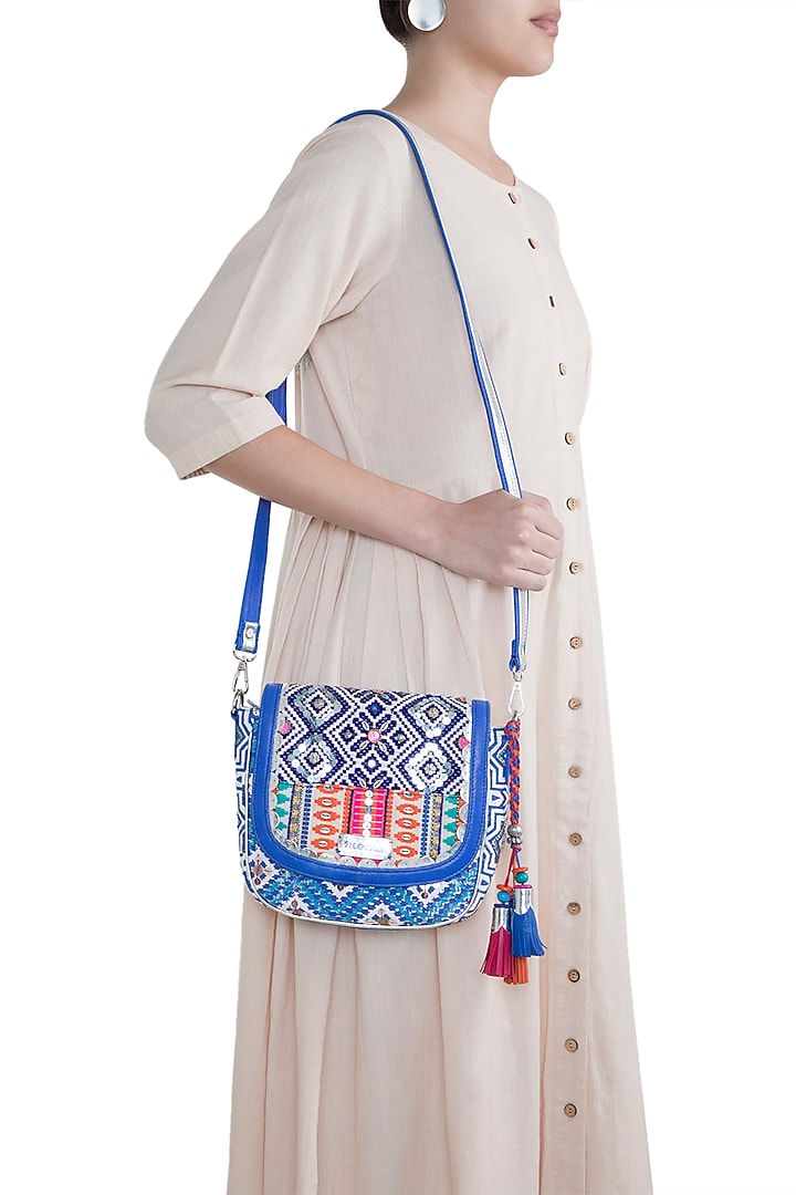 White & Blue Handblock Printed Embroidered Crossbody Sling Bag by Neonia at Pernia's Pop Up Shop