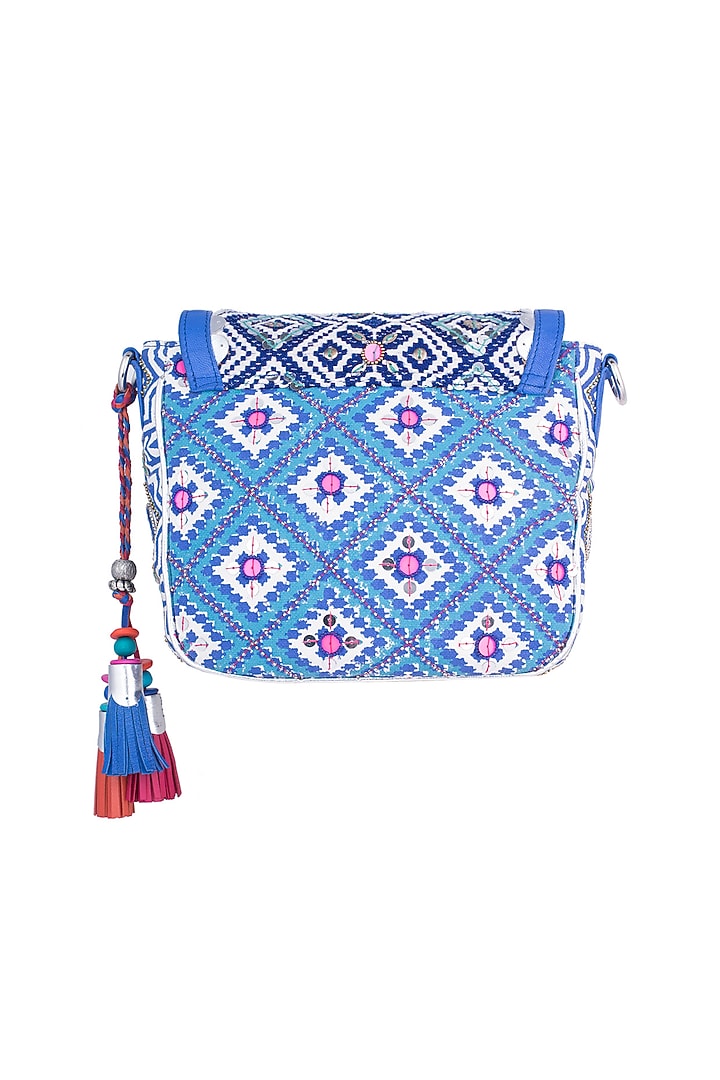 White & Blue Handblock Printed Embroidered Crossbody Sling Bag by Neonia at Pernia's Pop Up Shop