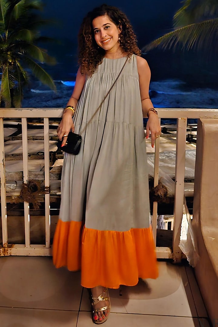 Grey & Orange Bemberg Modal Silk Maxi Dress by Neora by Nehal Chopra