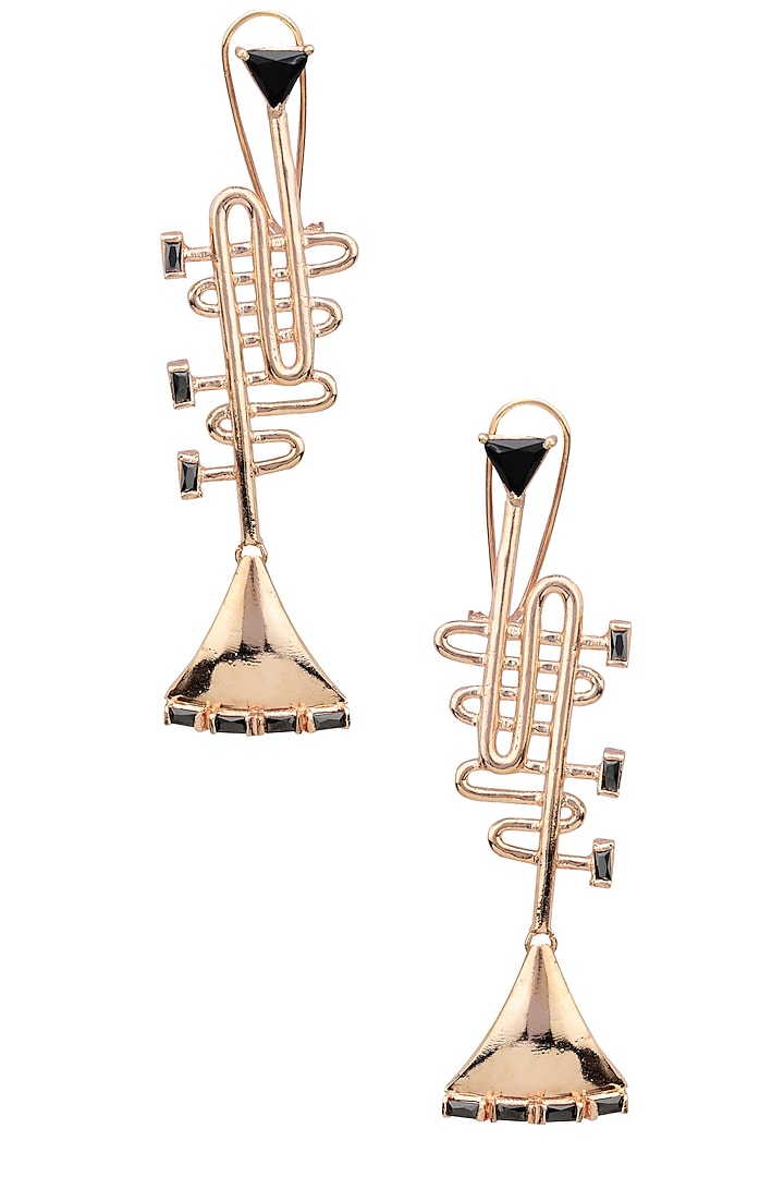 Rose gold finish trumpet motif earrings available only at Pernia's Pop Up Shop.