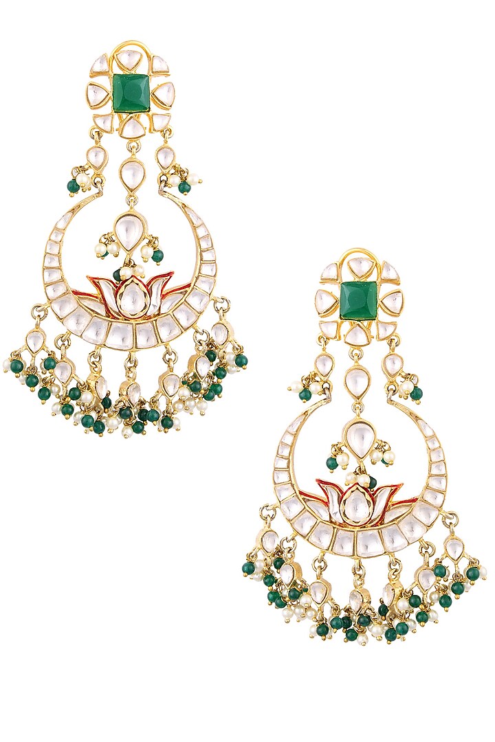 Gold Finish Kundan and Emerald Stones Crescent Shaped Earrings by Nepra By Neha Goel