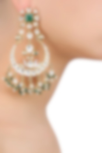 Gold Finish Kundan and Emerald Stones Crescent Shaped Earrings by Nepra By Neha Goel