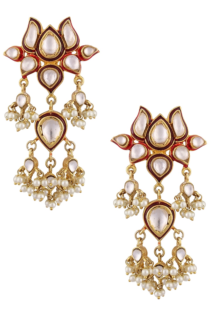 Nepra by Neha Goel presents Gold finish kundan stone and pearls flower earrings available only at Pernia's Pop Up Shop.