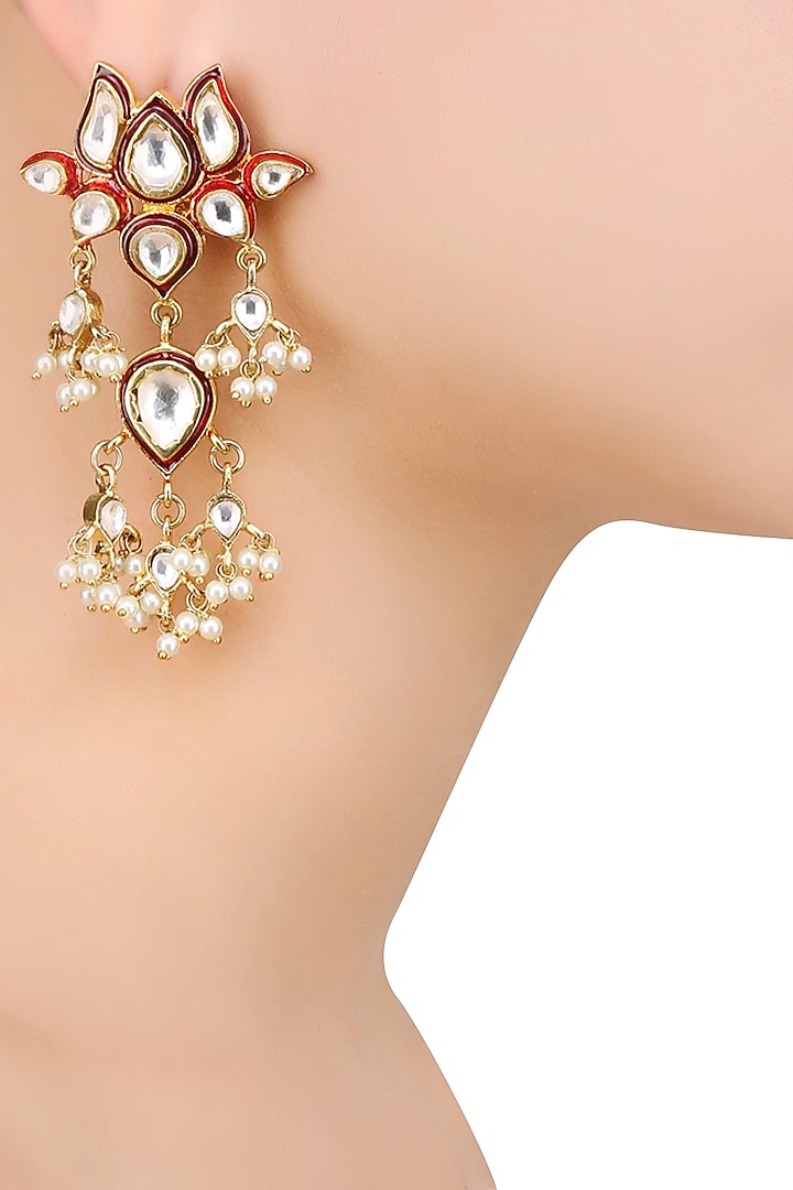 Gold Finish Kundan Stone and Pearls Flower Earrings by Nepra By Neha Goel