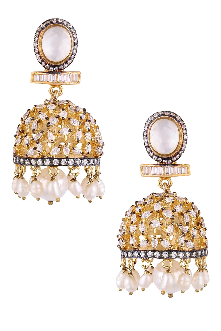 Nepra by Neha Goel presents Gold finish kundan stone flower jhumki earrings available only at Pernia's Pop Up Shop.