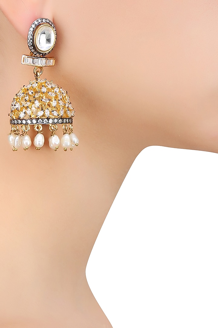 Gold Finish Kundan Stone Flower Jhumki Earrings by Nepra By Neha Goel
