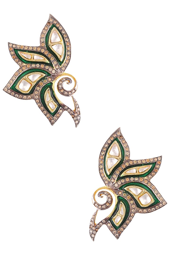 Nepra by Neha Goel presents Gold finish kundan stones and zircons half flower earrings available only at Pernia's Pop Up Shop.