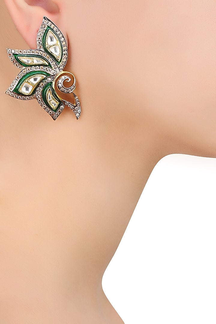 Gold Finish Kundan Stones and Zircons Half Flower Earrings by Nepra By Neha Goel
