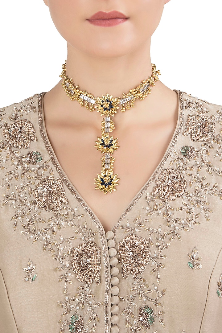 Gold Plated Baguettes and Ghungroo Floral Necklace by Nepra By Neha Goel