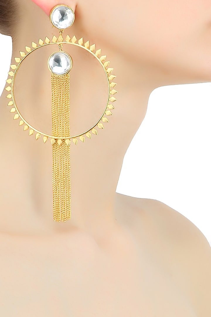 Gold plated spikes kundan chain earrings by Nepra By Neha Goel