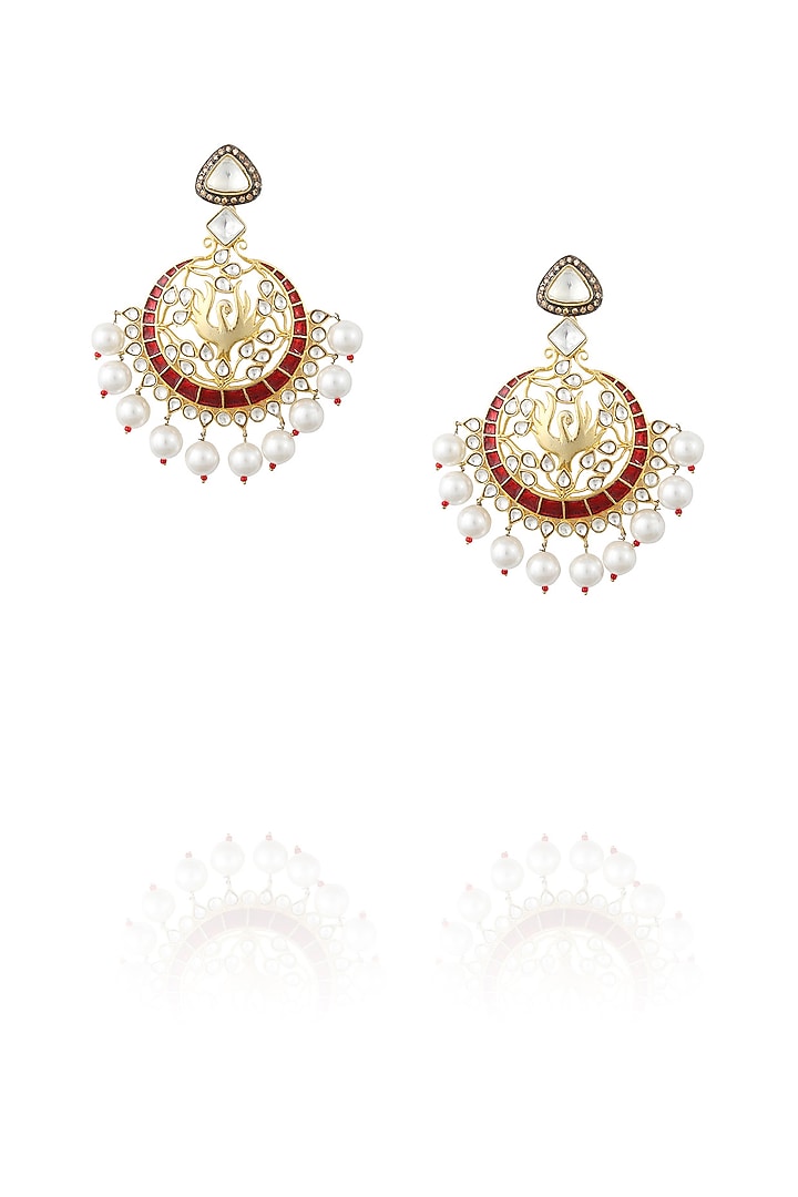 Nepra by Neha Goel presents Gold plated red flying swan kundan and pearls earrings available only at Pernia's Pop Up Shop.
