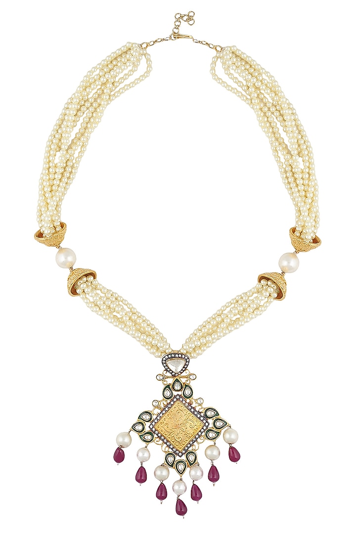 Nepra by Neha Goel presents Gold plated kundan and ruby drops multiple string neckpiece available only at Pernia's Pop Up Shop.