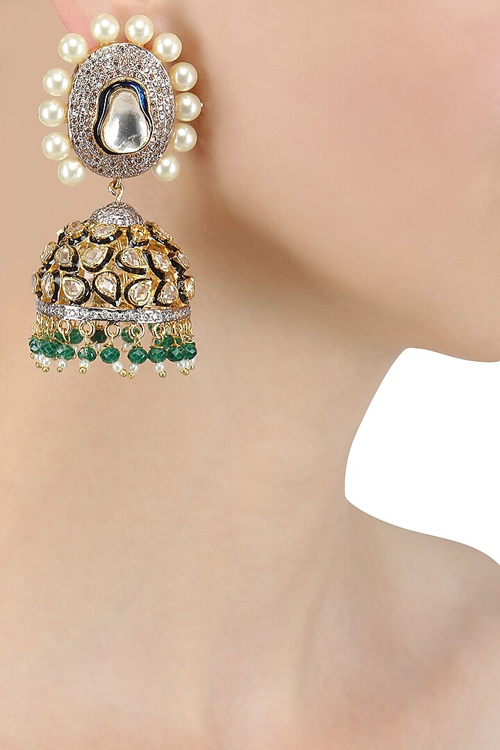 Gold Finish Kundan and Pearl Jhumki Earrings by Nepra By Neha Goel