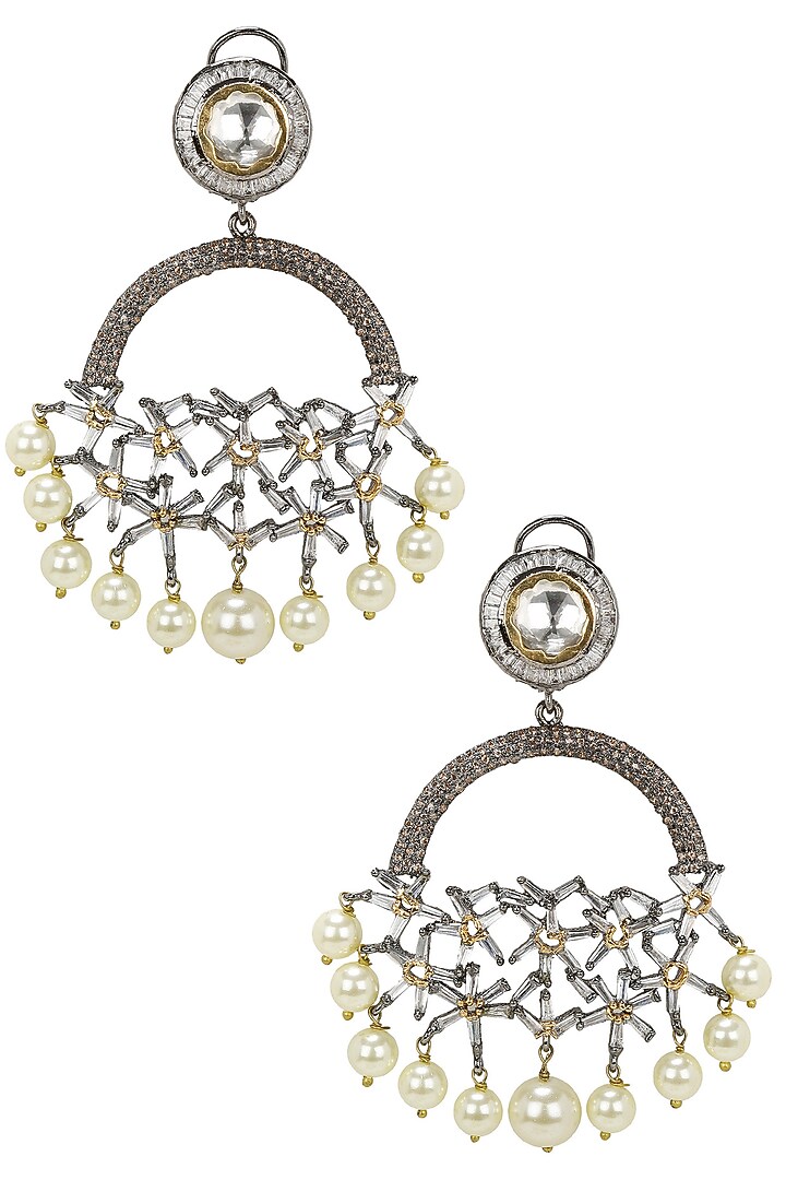 Nepra By Neha Goel presents Gold finish zircons and kundan stones semi circle earrings available only at Pernia's Pop Up Shop.