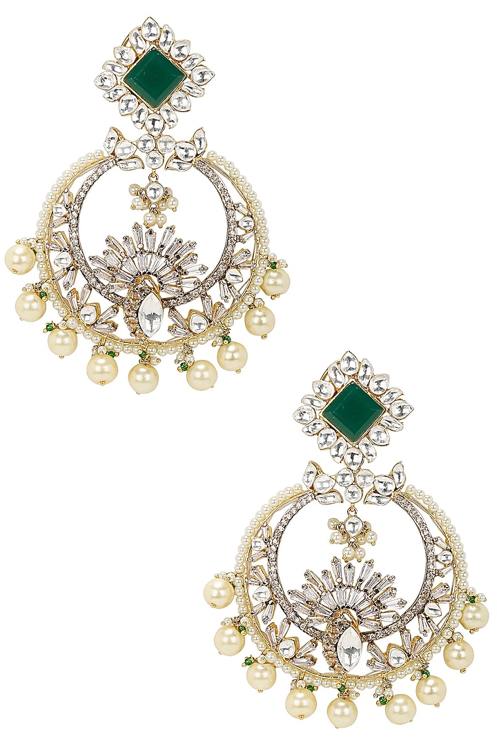 Nepra By Neha Goel presents Gold finish kundan and emerald stone chandbali earrings available only at Pernia's Pop Up Shop.