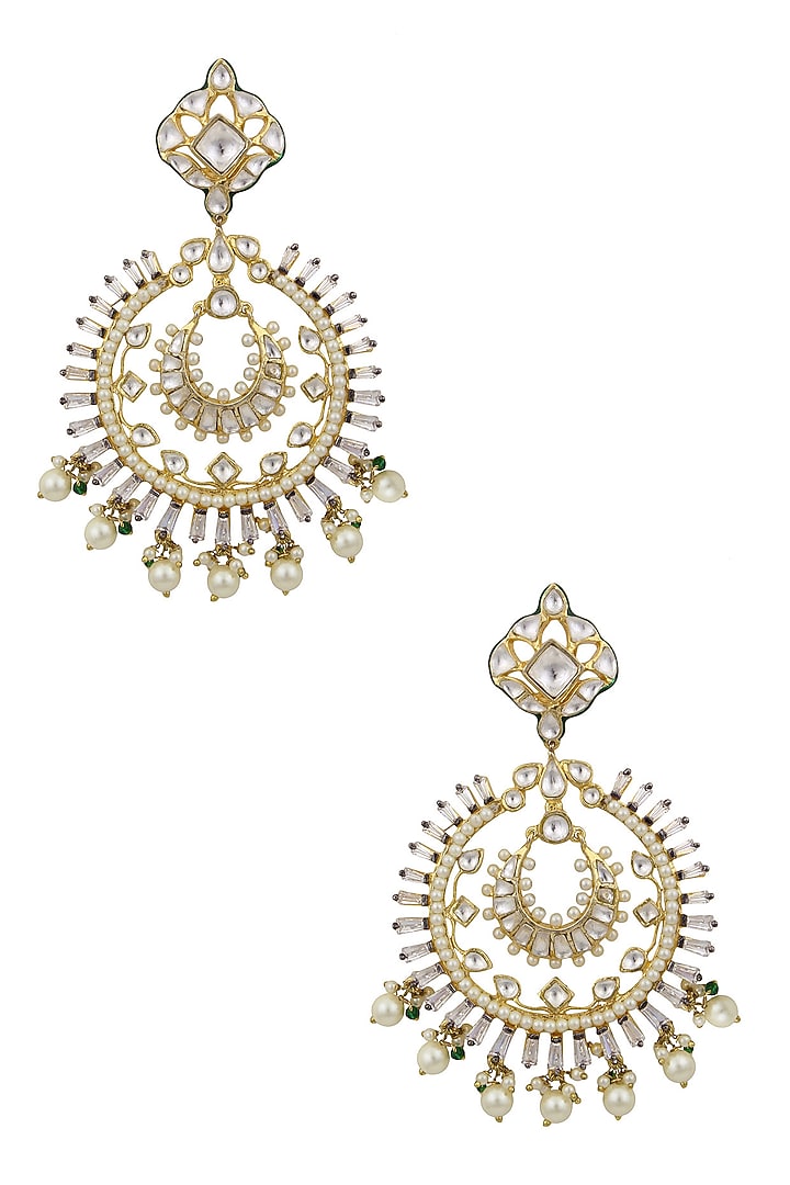 Nepra by Neha Goel presents Gold finish jadau and kundan meenakari work Statement chandbali earrings available only at Pernia's Pop Up Shop.