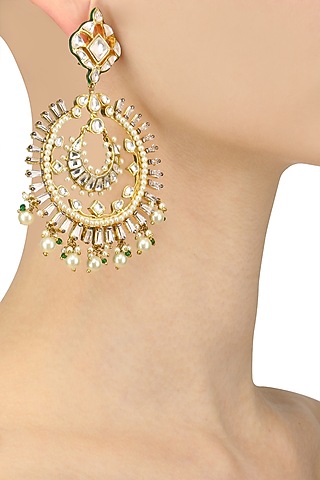 Gold Finish Jadau and Kundan Meenakari Work Statement Chandbali Earrings by Nepra By Neha Goel