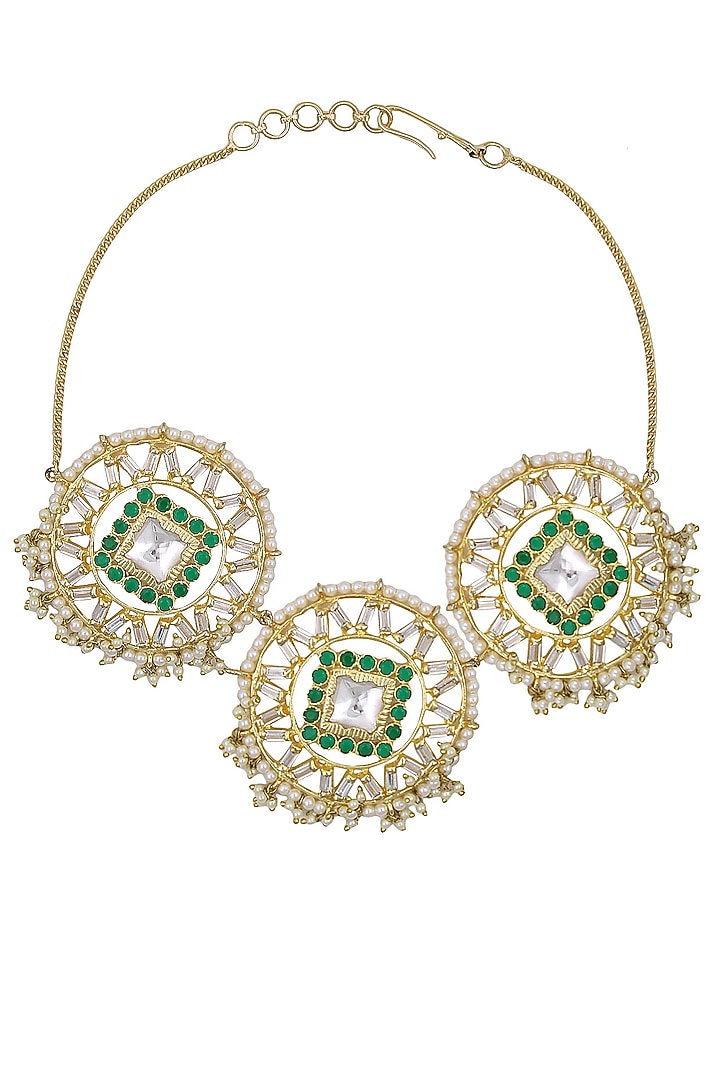 Nepra by Neha Goel presents Gold finish jadau kundan and emerald stones choker necklace available only at Pernia's Pop Up Shop.