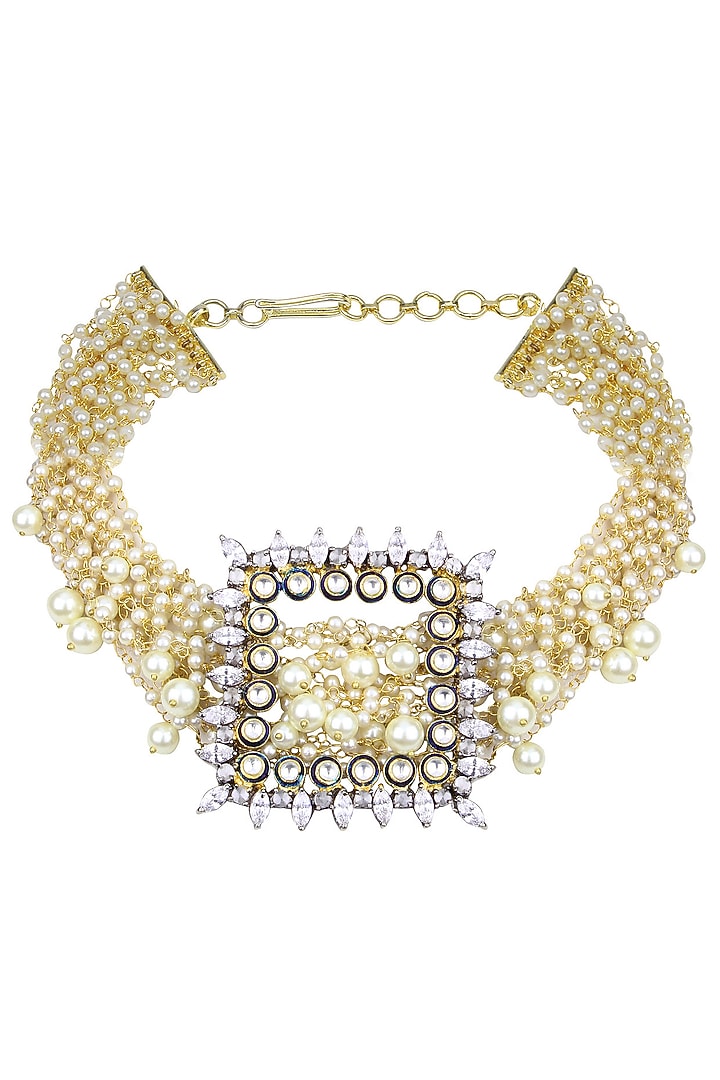 Nepra by Neha Goel presents Gold finish zircons, jadau kundan choker necklace available only at Pernia's Pop Up Shop.
