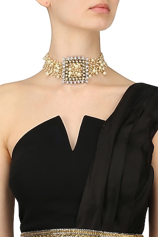 Gold Finish Zircons and Jadau Kundan Choker Necklace by Nepra By Neha Goel