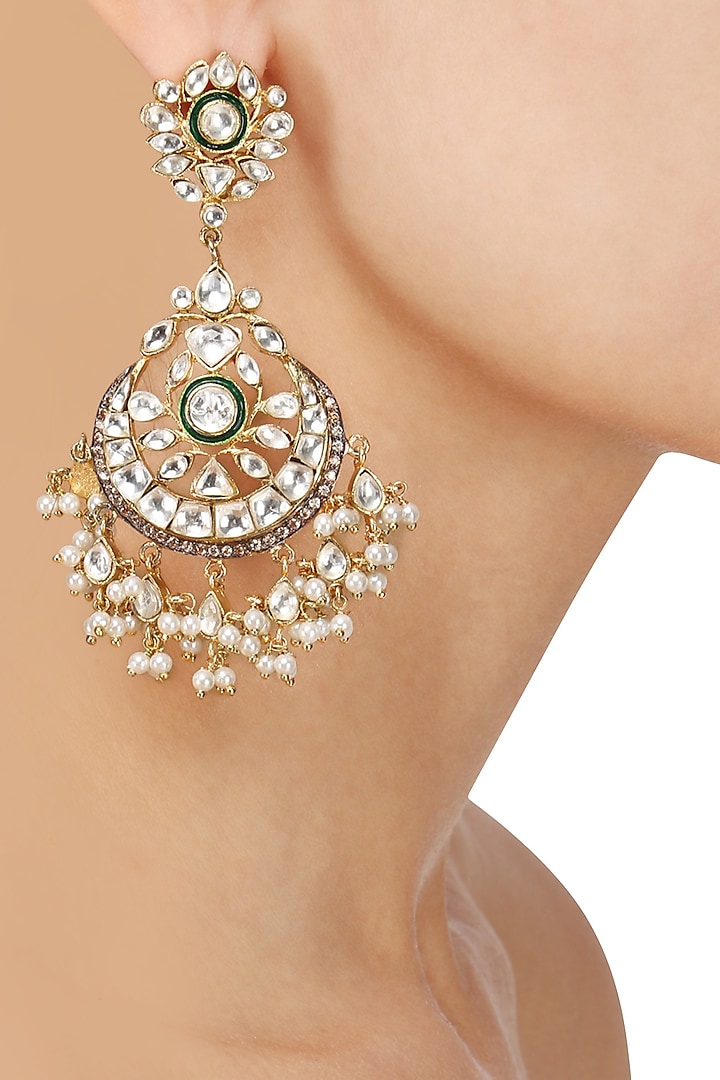 Gold Plated Kundan and Pearl Crescent Earrings by Nepra by Neha Goel