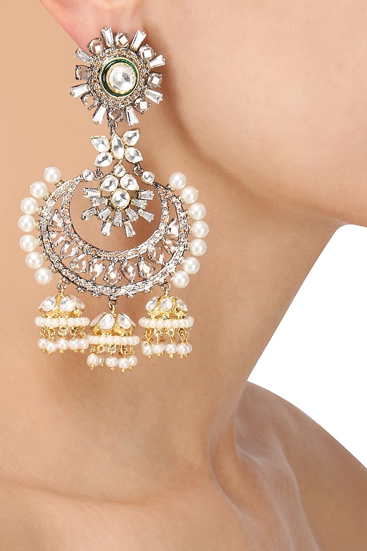 Antique Silver Finish Baguettes and Champagne Stones Jhumki Earrings by Nepra by Neha Goel