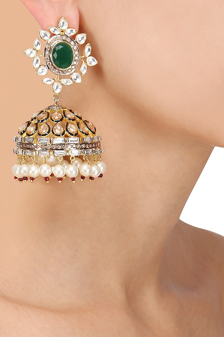 Gold Plated Emerald Stone Jhumki Drop Earrings by Nepra by Neha Goel