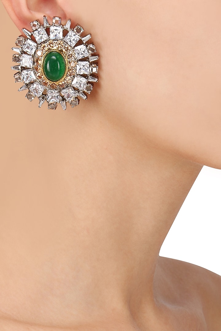 Gold Plated Emerald Stone and Baguettes Stud by Nepra by Neha Goel