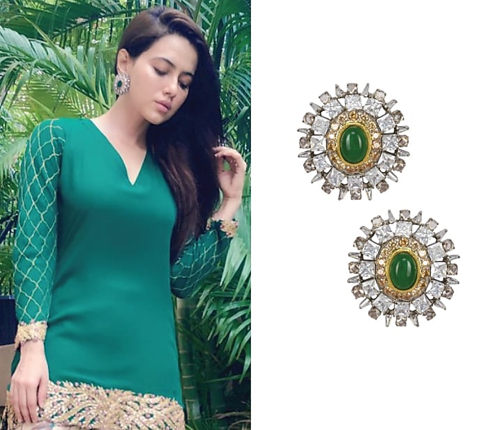 Nepra by Neha Goel presents Gold plated emerald stone and baguettes stud available only at Pernia's Pop Up Shop.