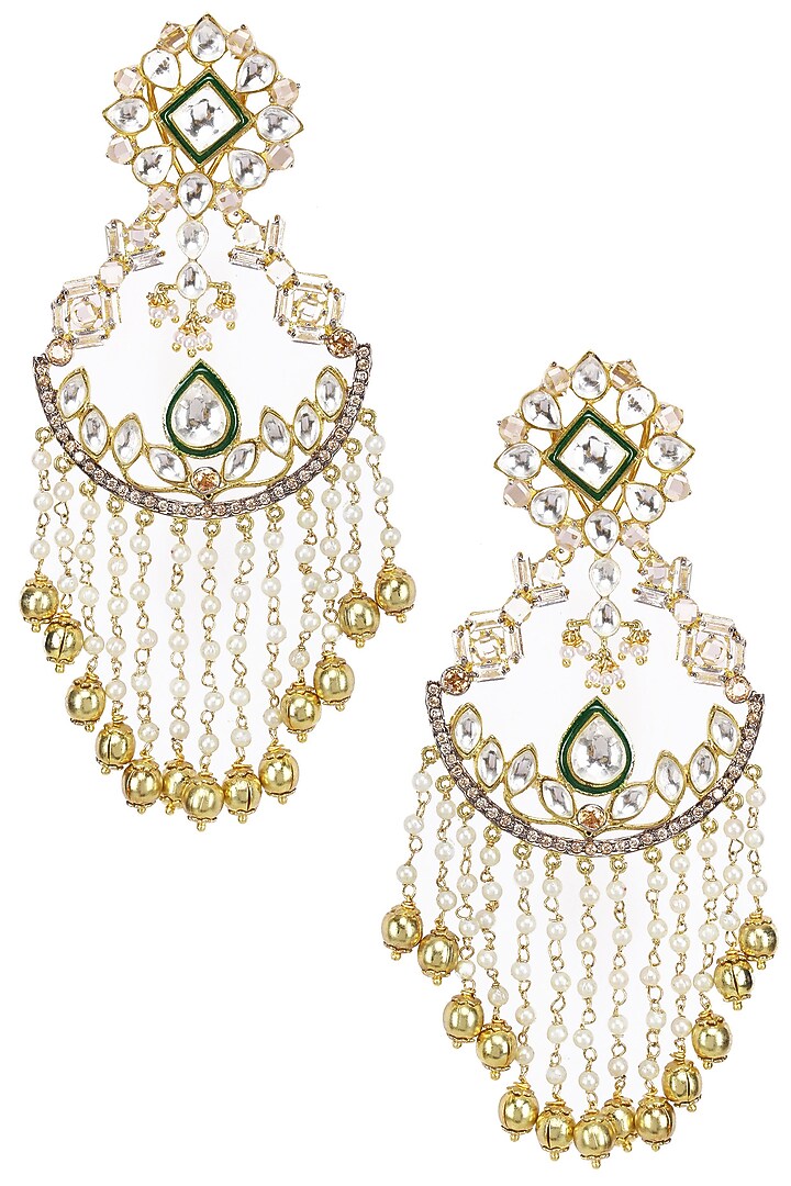 Nepra by Neha Goel presents Gold plated kundan stone and pearl chains earrings available only at Pernia's Pop Up Shop.
