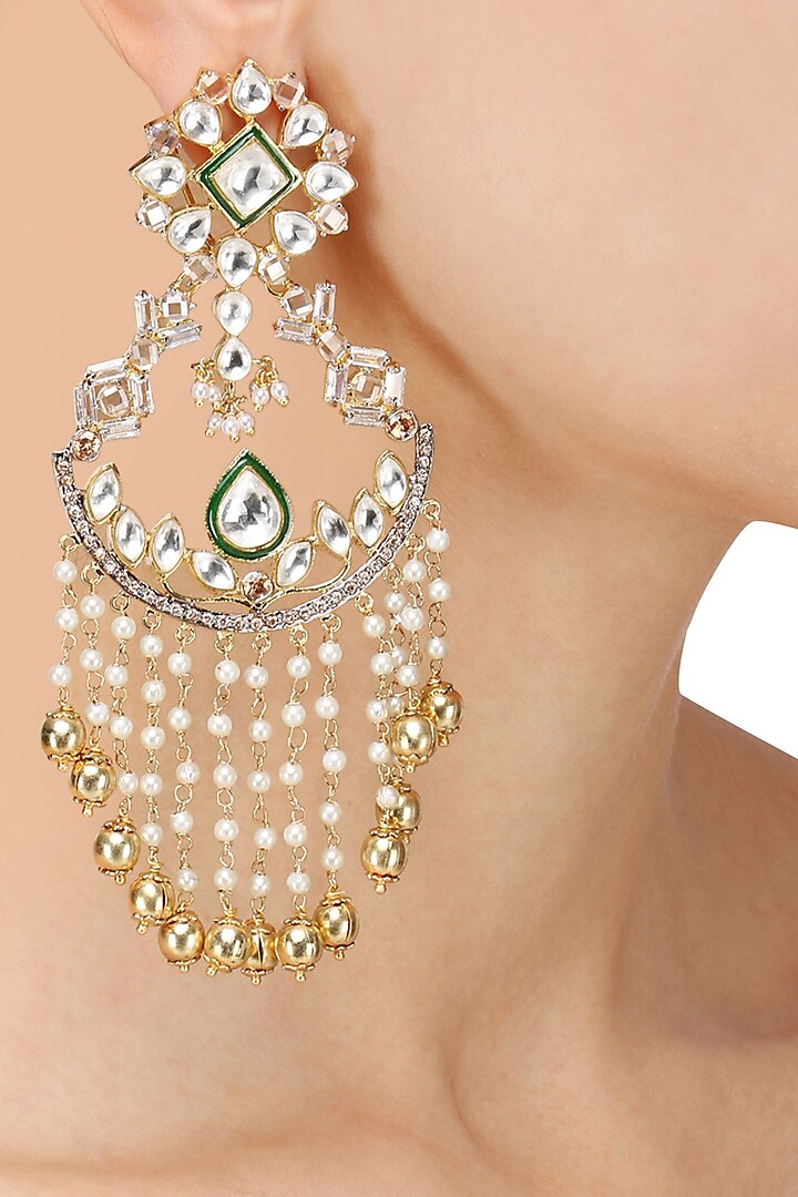 Gold Plated Kundan Stone and Pearl Chains Earrings by Nepra by Neha Goel