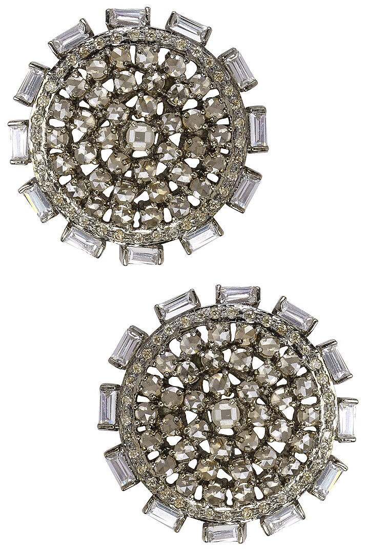 Nepra by Neha Goel presents Antique silver finish baguettes and champagne stones round studs available only at Pernia's Pop Up Shop.