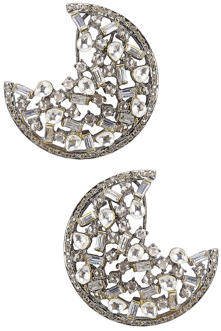 Nepra by Neha Goel presents Antique silver finish baguettes and champagne stones half hoops available only at Pernia's Pop Up Shop.