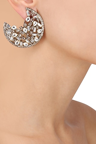 Antique Silver Finish Baguettes and Champagne Stones Half Hoops by Nepra by Neha Goel