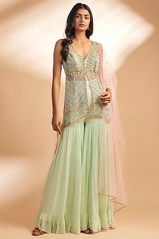 Green Net & Georgette Sharara Set by Dinesh Malkani