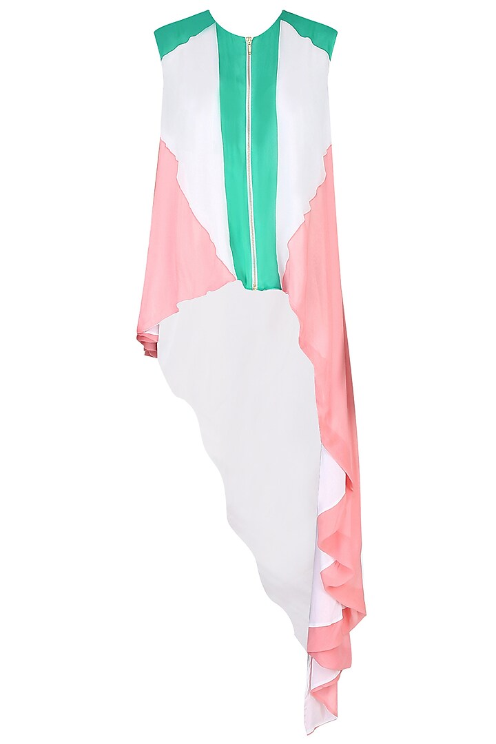 White, Turquoise Blue And Rose Pink Color Blocked Asymmetric Shirt Tunic by Agami by Neha Agarwal