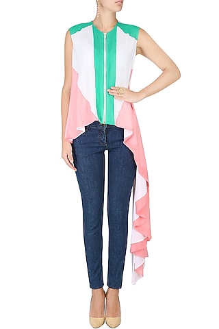 White, Turquoise Blue And Rose Pink Color Blocked Asymmetric Shirt Tunic by Agami by Neha Agarwal