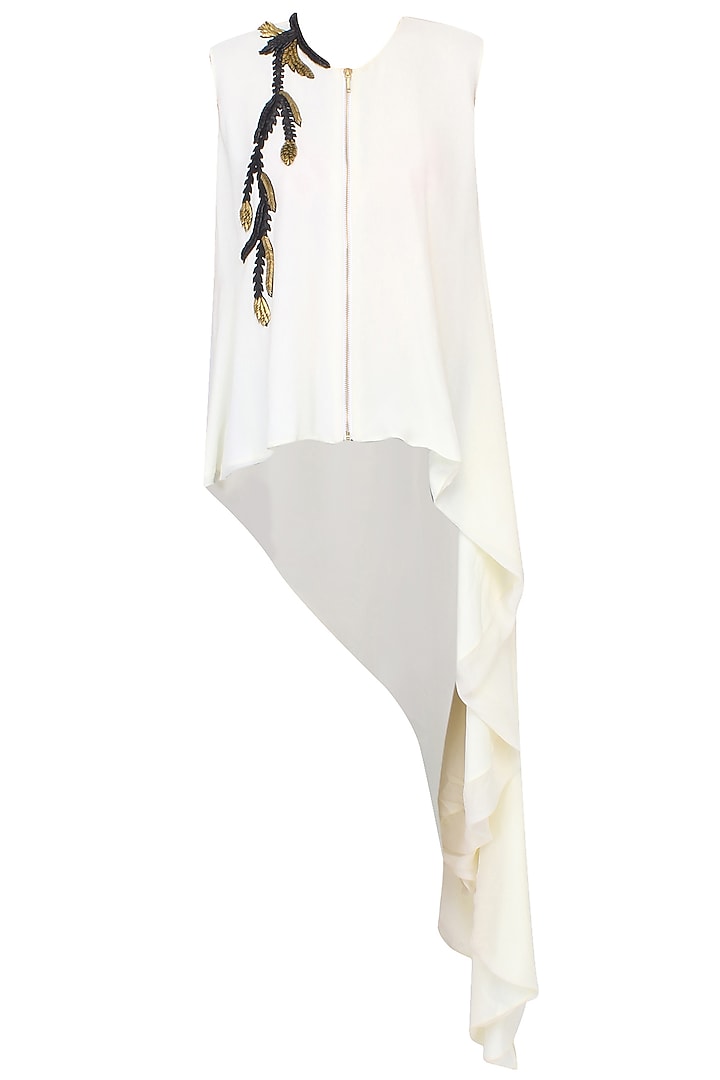 Off White Leather And Gold Metallic Embroidered Asymmetric Shirt Tunic by Agami by Neha Agarwal