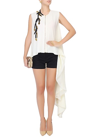 Off White Leather And Gold Metallic Embroidered Asymmetric Shirt Tunic by Agami by Neha Agarwal