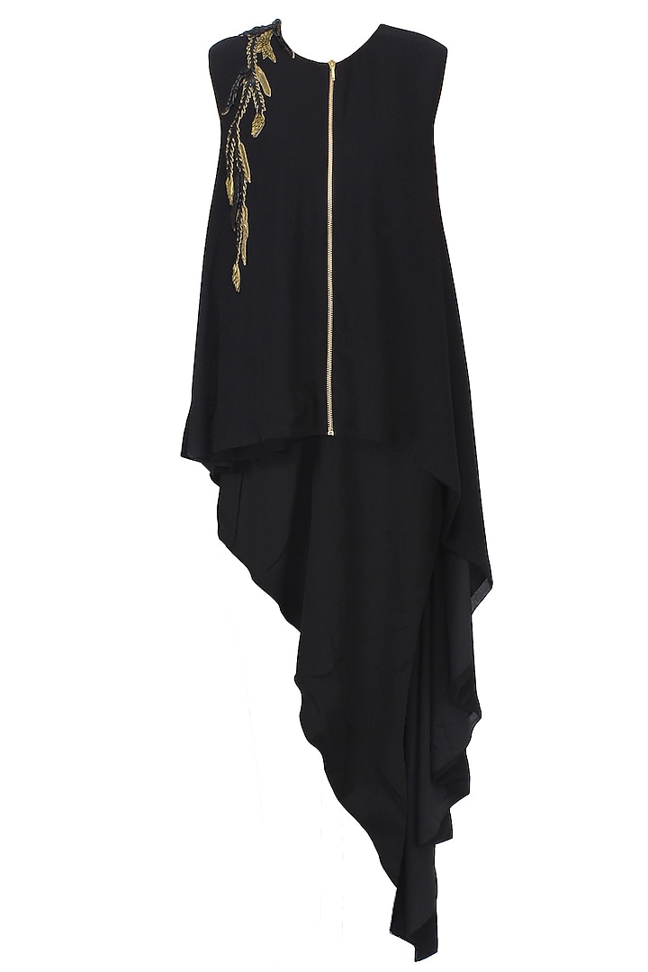 Black Leather And Gold Metallic Embroidered Asymmetric Shirt Tunic by Agami by Neha Agarwal