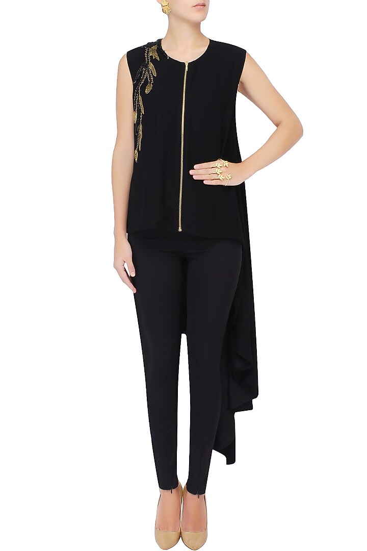 Black leather and gold metallic embroidered asymmetric shirt tunic available only at Pernia's Pop Up Shop.