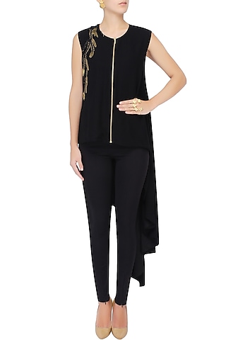Black Leather And Gold Metallic Embroidered Asymmetric Shirt Tunic by Agami by Neha Agarwal